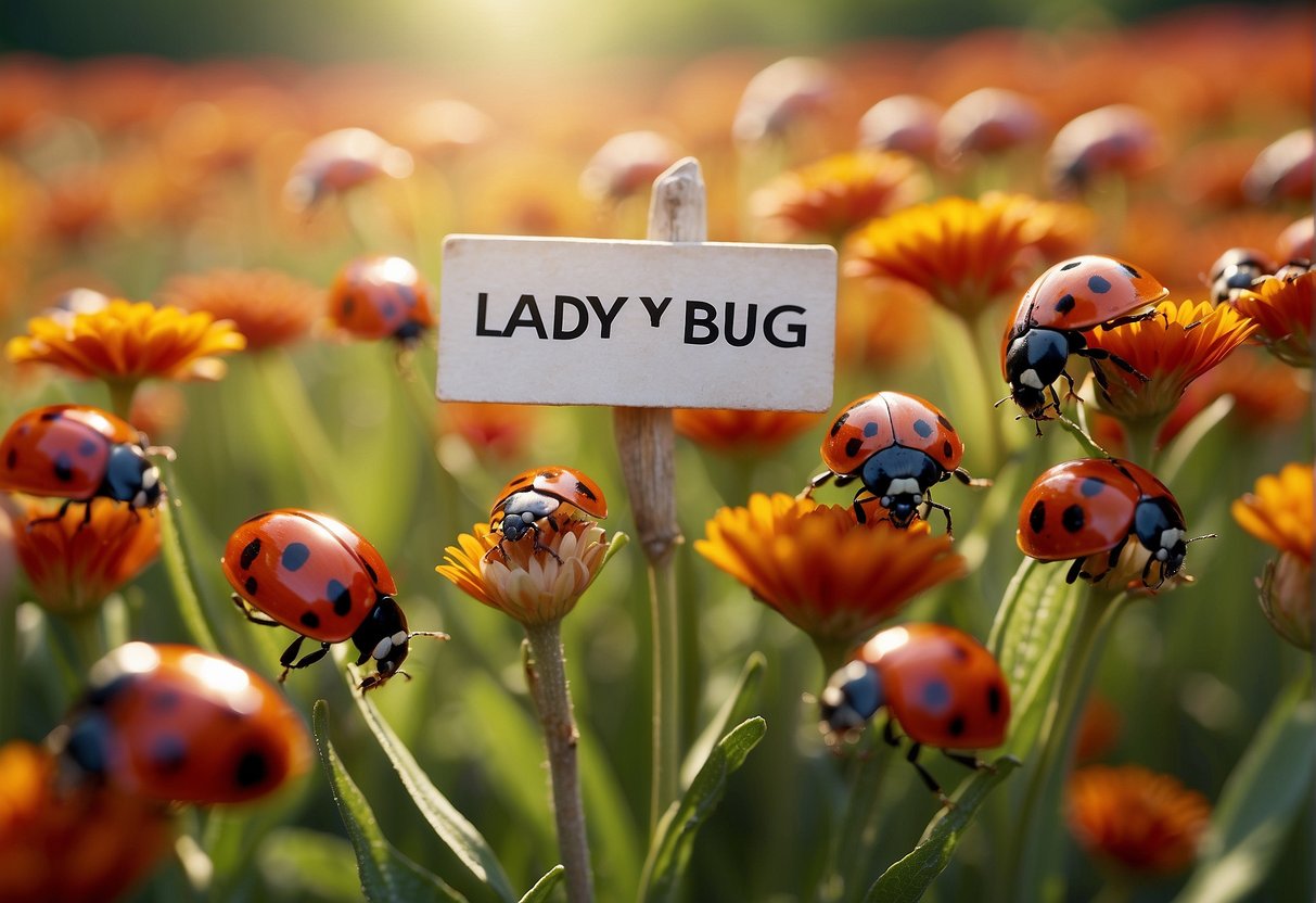Ladybugs swarm over a vibrant field of blooming flowers, with a sign reading "Ladybugs for sale" displayed at a nearby garden center