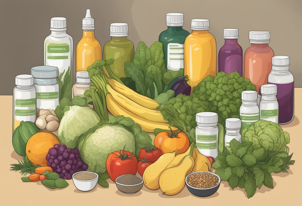 A table filled with various fruits, vegetables, and herbs, alongside bottles of natural supplements, all labeled as remedies for reducing gynecomastia