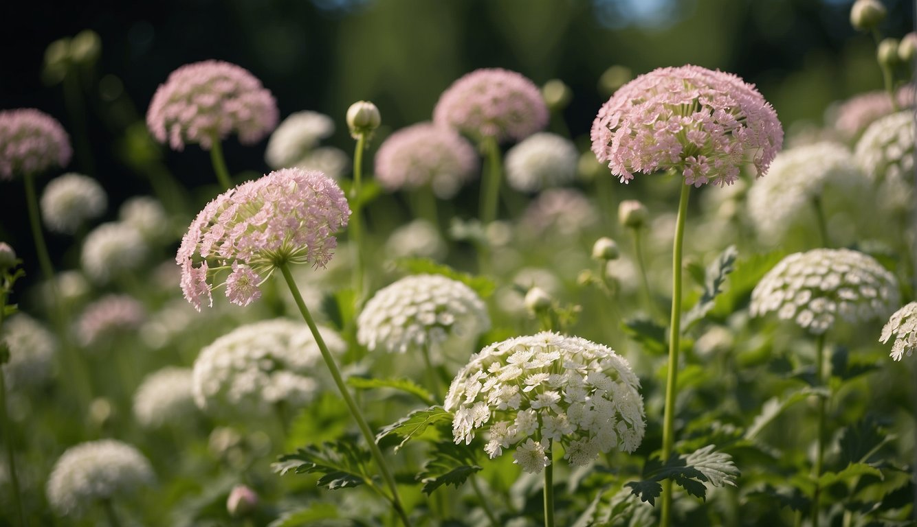 A field of blooming angelica sinensis, with vibrant pink and white flowers swaying in the breeze, surrounded by lush green foliage