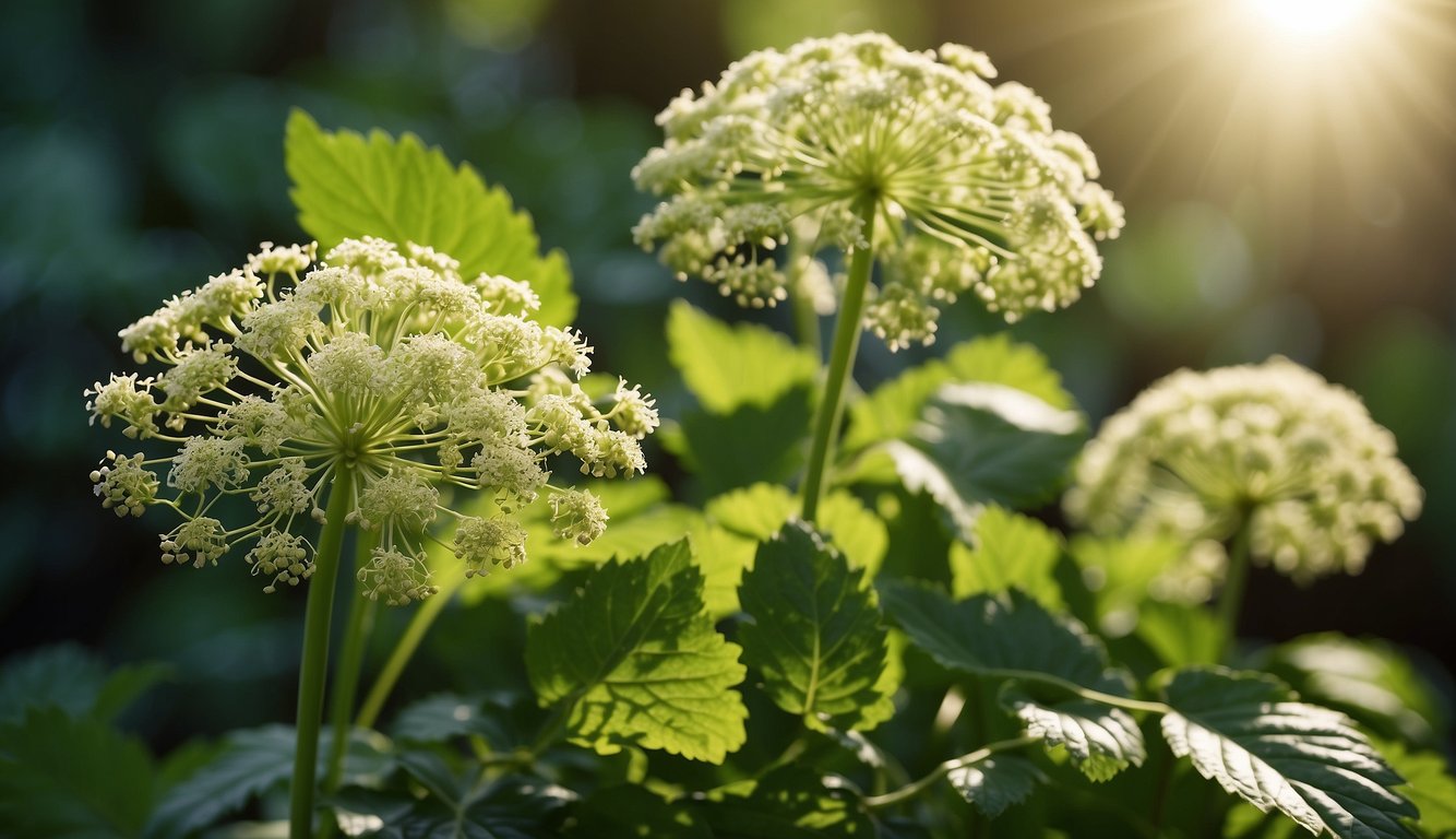 Angelica sinensis plants in full bloom, with vibrant green leaves and clusters of small, delicate flowers. The sunlight highlights the active compounds and beneficial properties of the plant