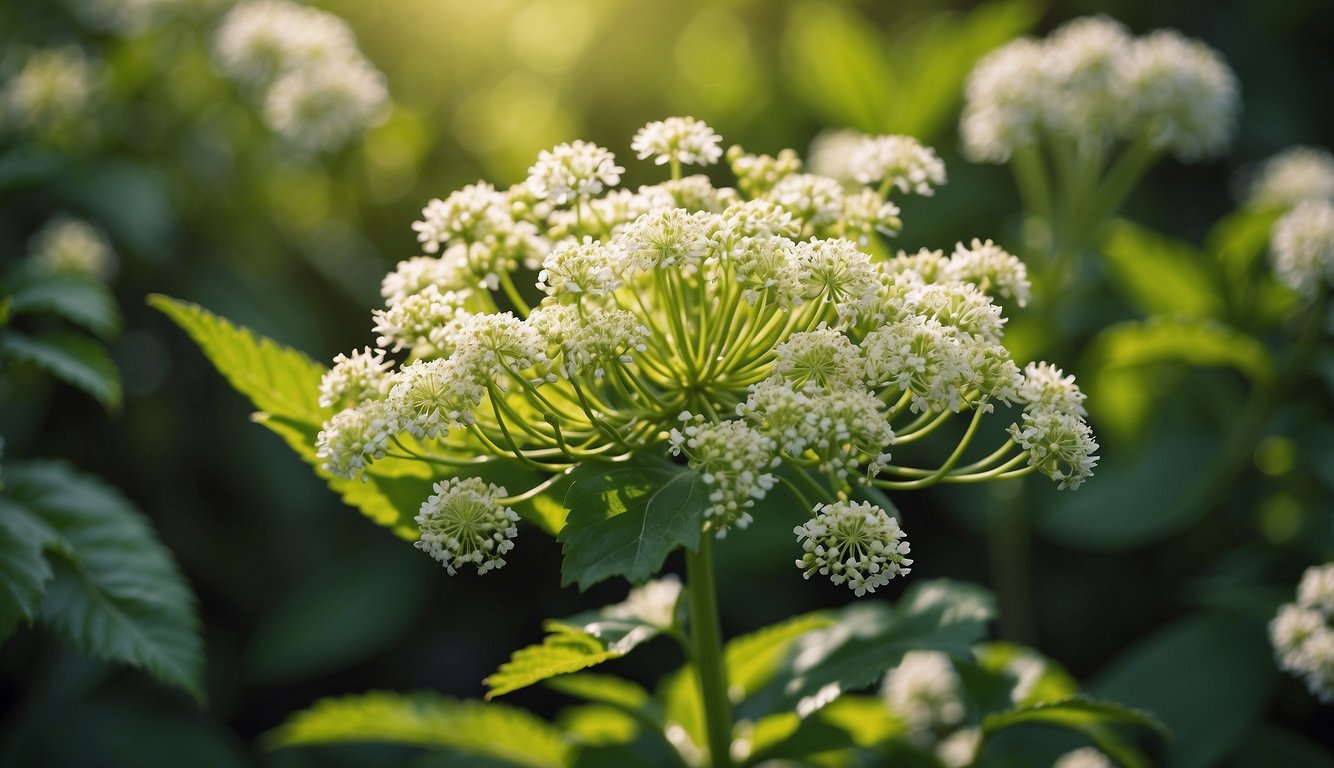 Angelica sinensis plant surrounded by sunlight, with vibrant green leaves and small clusters of white flowers
