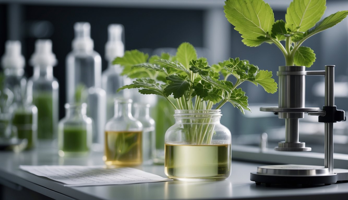 A laboratory setting with angelica sinensis plant, research equipment, and data charts to depict its clinical research and efficacy benefits