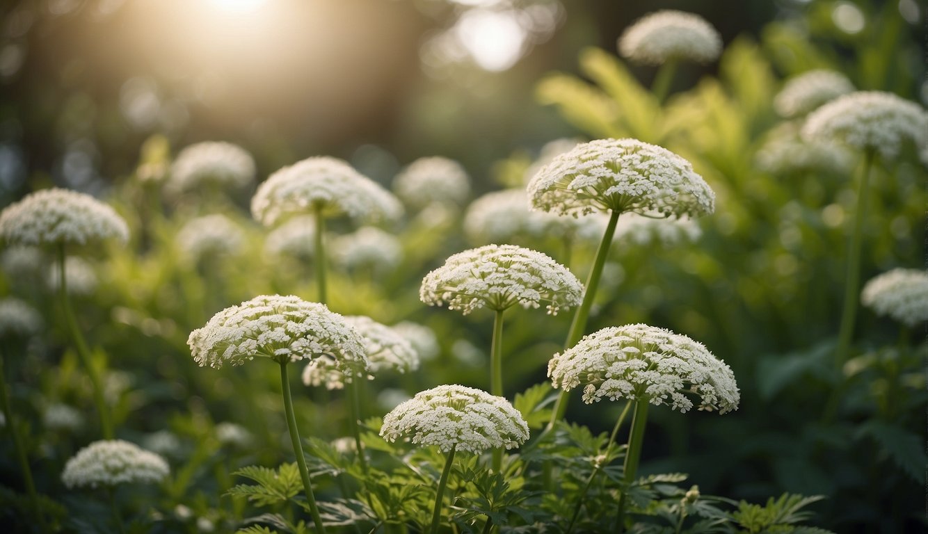 A serene garden with Angelica sinensis plants in full bloom, surrounded by a peaceful and calming atmosphere