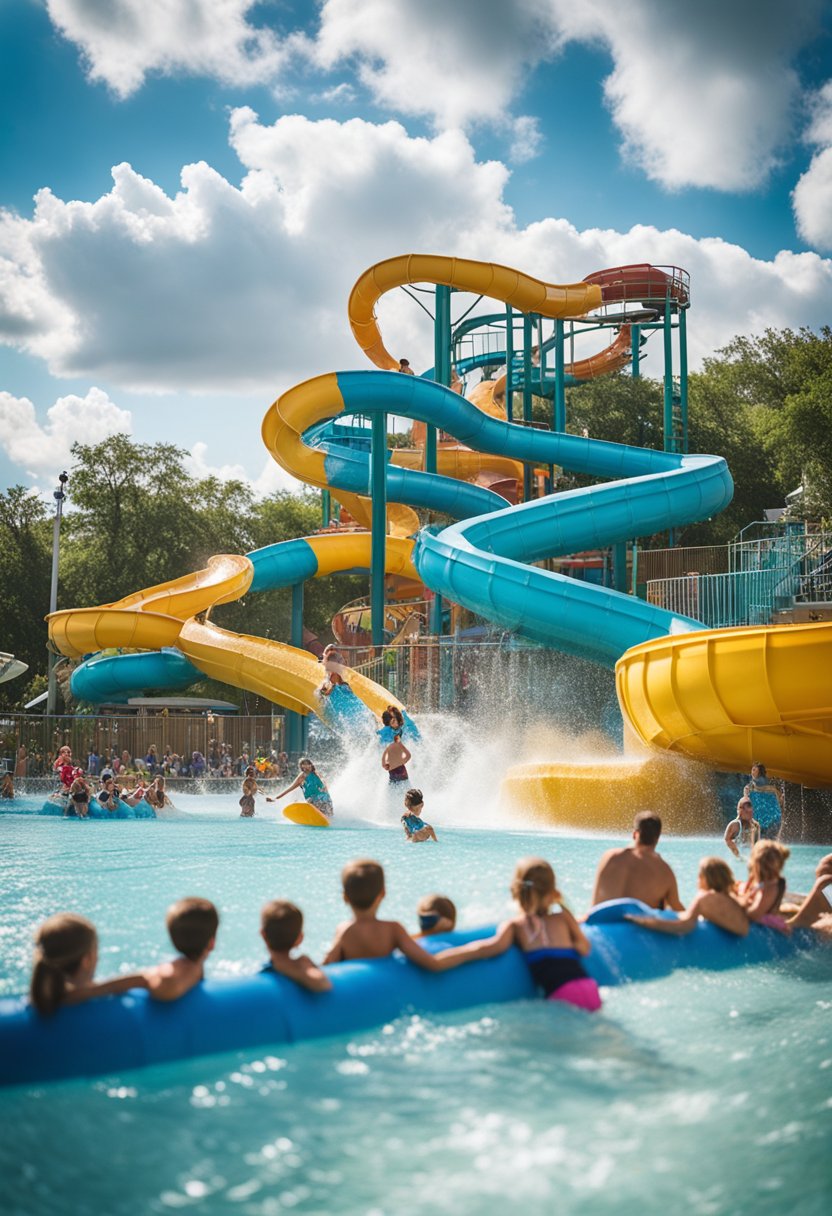 Children splashing in the wave pool, while families relax on the lazy river and thrill-seekers slide down towering water slides at Hawaiian Falls Waco amusement park in Waco