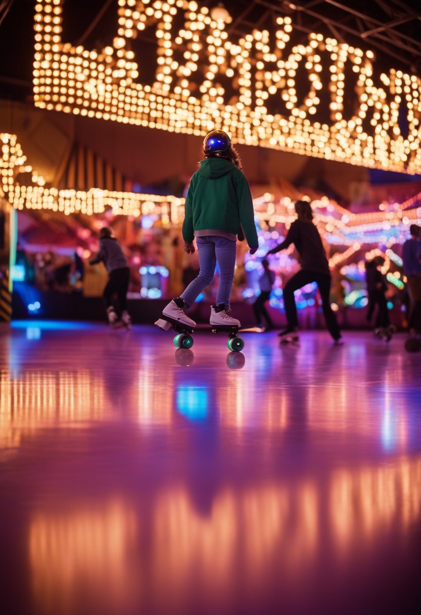 Bright lights illuminate the roller rink as skaters glide under disco balls and neon signs at Skate Country amusement park in Waco