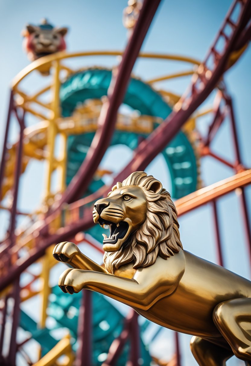 The roller coaster speeds around a towering lion statue at Lion's Park in Waco, while families enjoy carnival games and colorful rides