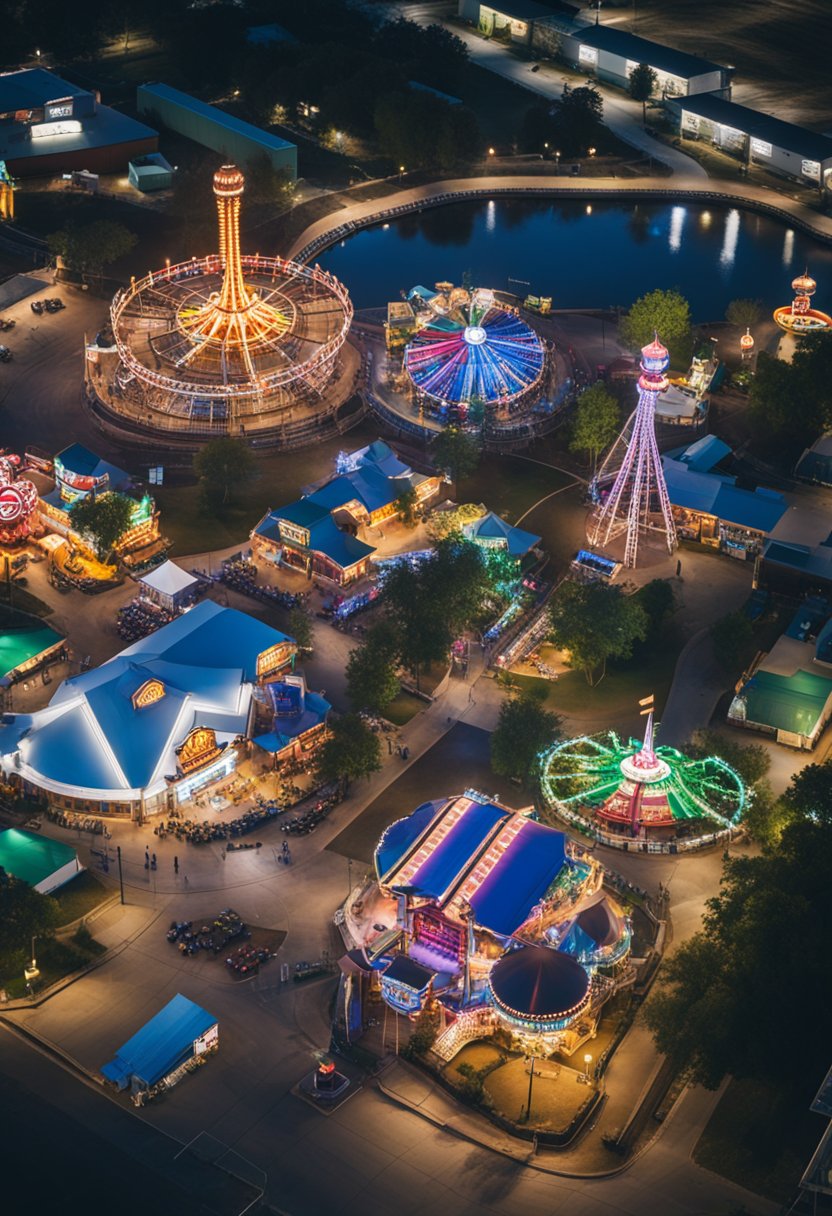 Aerial view of Tilt 211 amusement park in Waco, bustling with colorful rides, bright lights, and excited visitors
