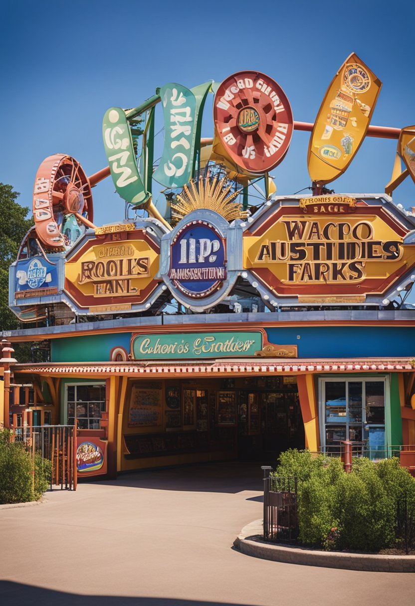 Colorful signs line the entrance of Waco's amusement parks, with a map and information booth welcoming visitors. Roller coasters and ferris wheels stand tall in the background