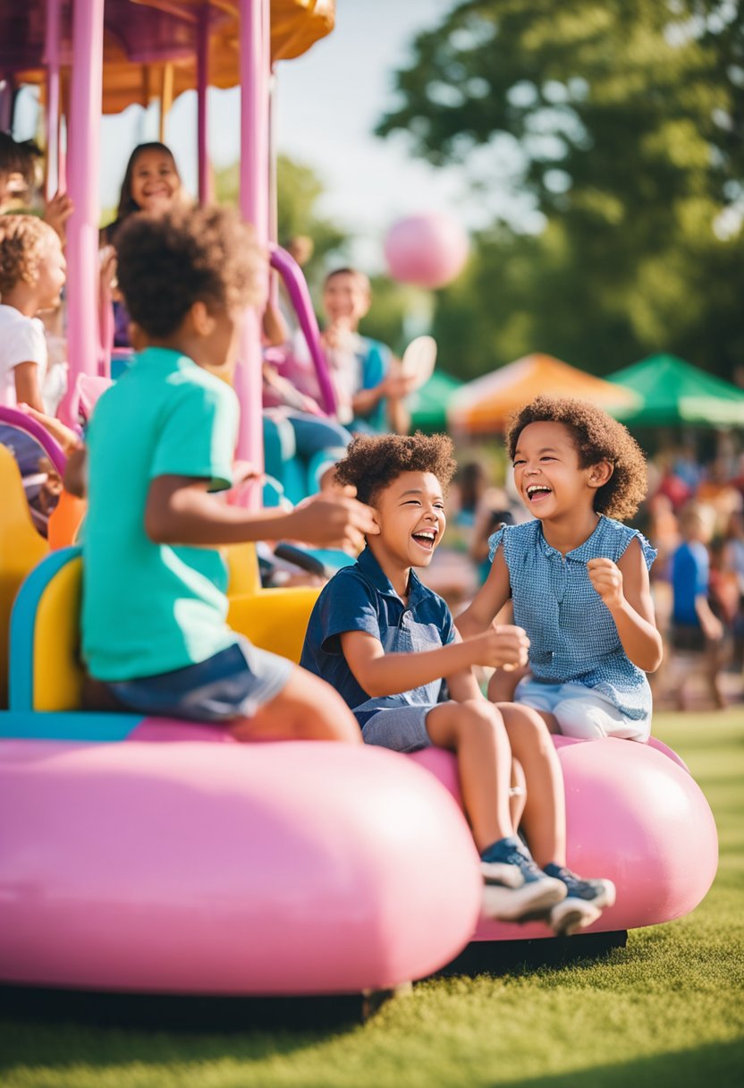 Children laughing on colorful rides, families picnicking on lush green lawns, and vendors selling cotton candy and popcorn at Family-Friendly Features amusement park in Waco
