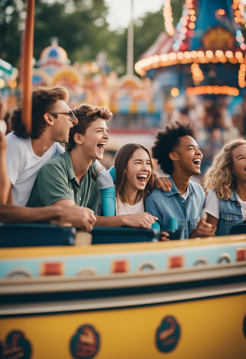 Visitors laughing and screaming on thrilling rides, colorful attractions, and enjoying tasty treats at amusement parks in Waco