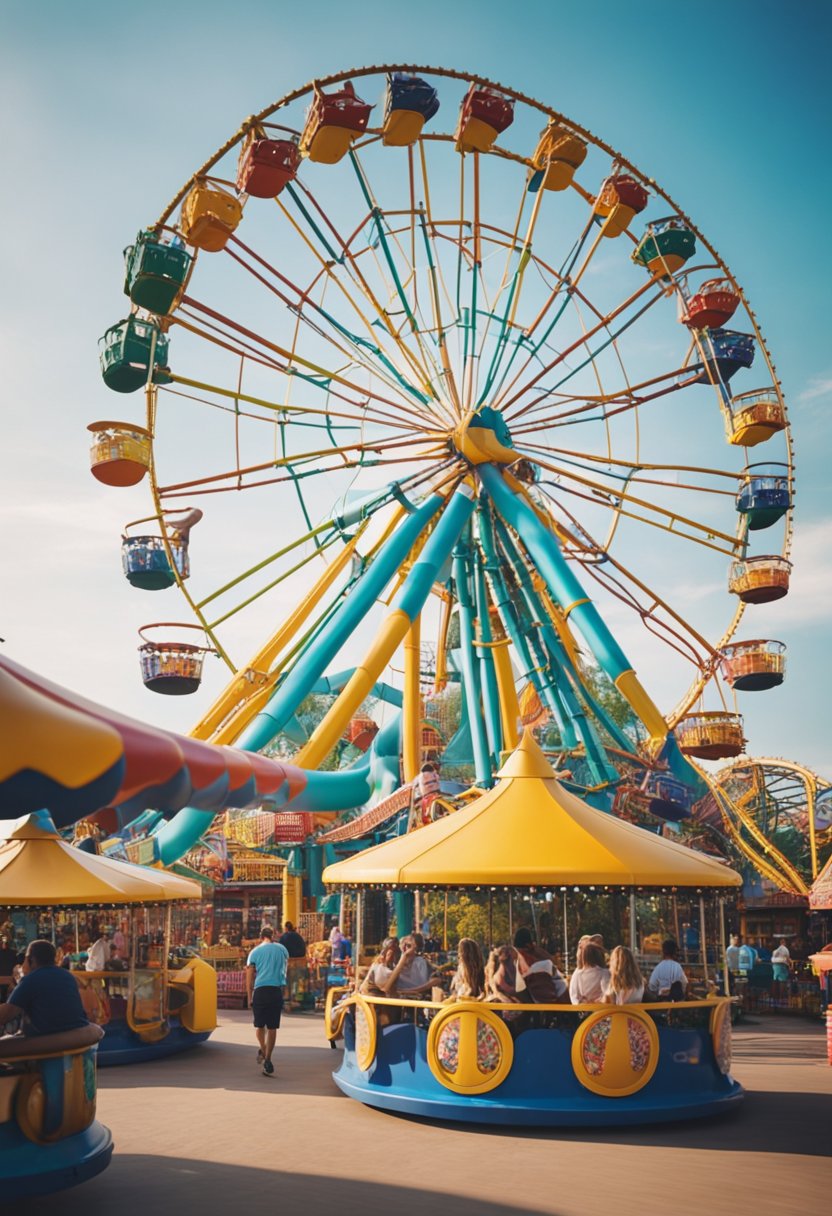 Families enjoying rides, games, and snacks at a bustling amusement park. Brightly colored attractions and joyful laughter fill the air