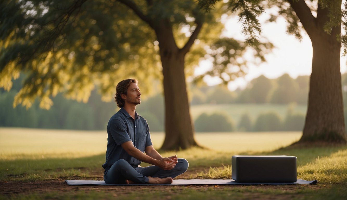 A serene setting with a calm atmosphere, featuring a person in a relaxed position practicing box breathing. The scene exudes tranquility and promotes a sense of inner peace and mental clarity