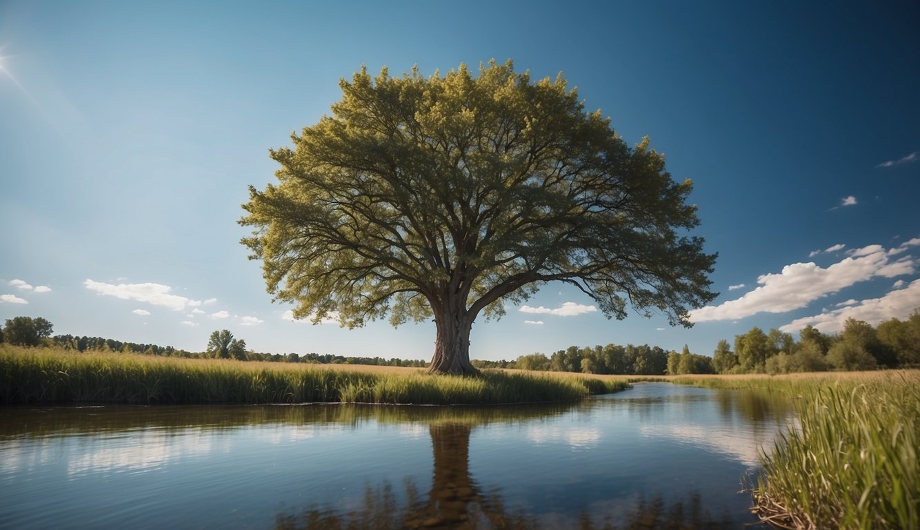 A serene landscape with a calm, blue sky and a peaceful, flowing river. A lone tree stands tall, representing inner strength and stability