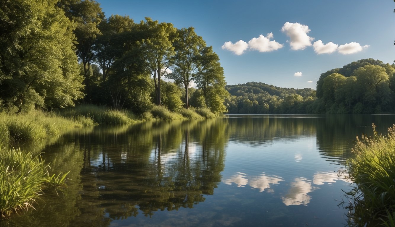 A serene setting with a clear blue sky, a tranquil body of water, and lush greenery, evoking a sense of peace and relaxation
