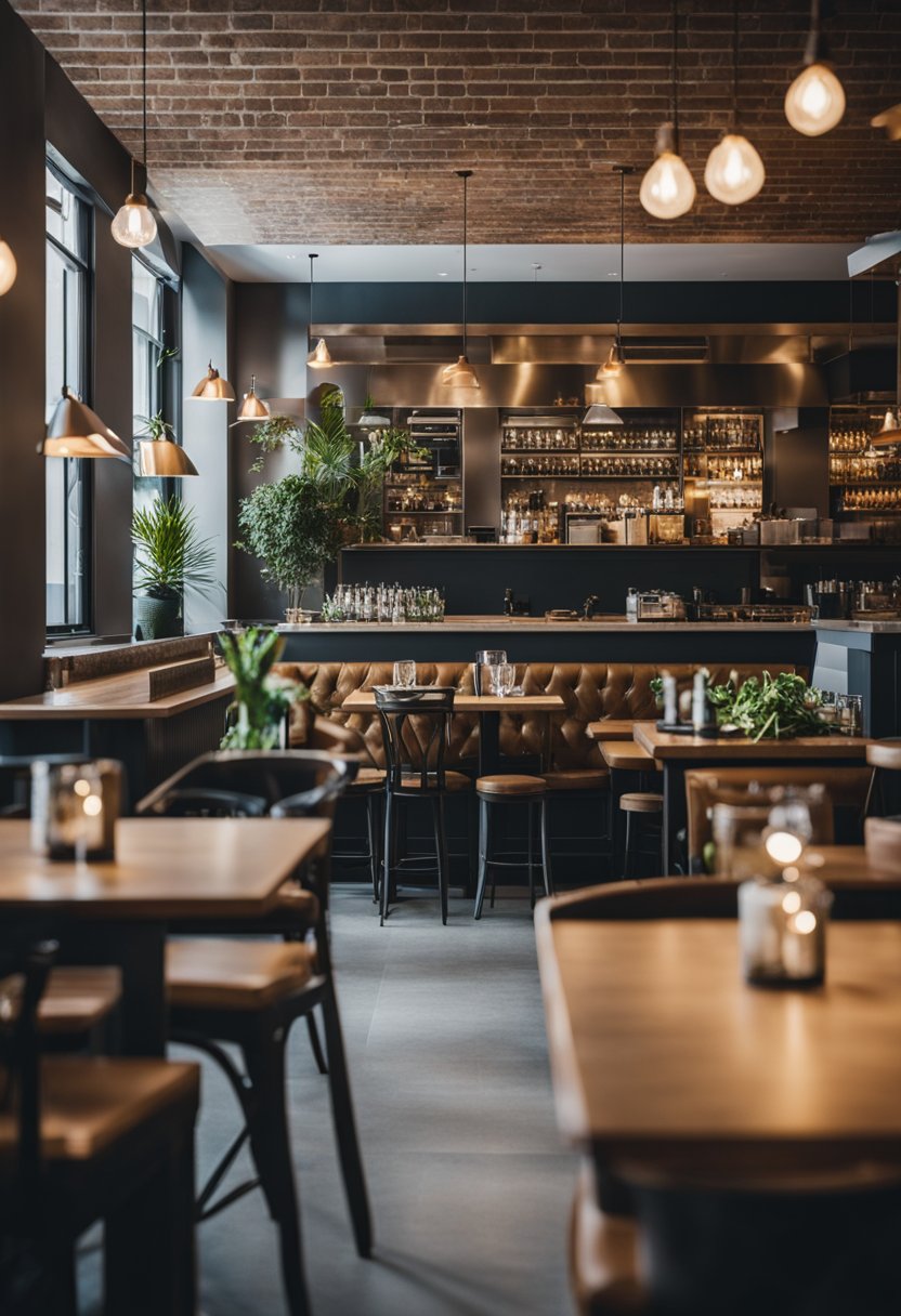 A bustling restaurant with a welcoming atmosphere, featuring budget-friendly menu options and a vibrant bar area. The space is filled with students enjoying delicious meals and socializing with friends