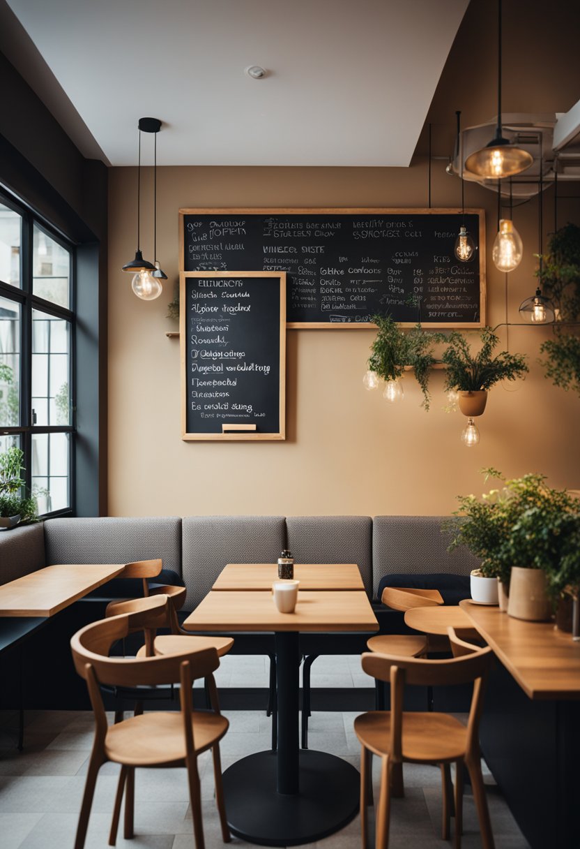 A cozy bistro with casual seating and a chalkboard menu. Students chatting over budget-friendly meals. Warm lighting and a relaxed atmosphere
