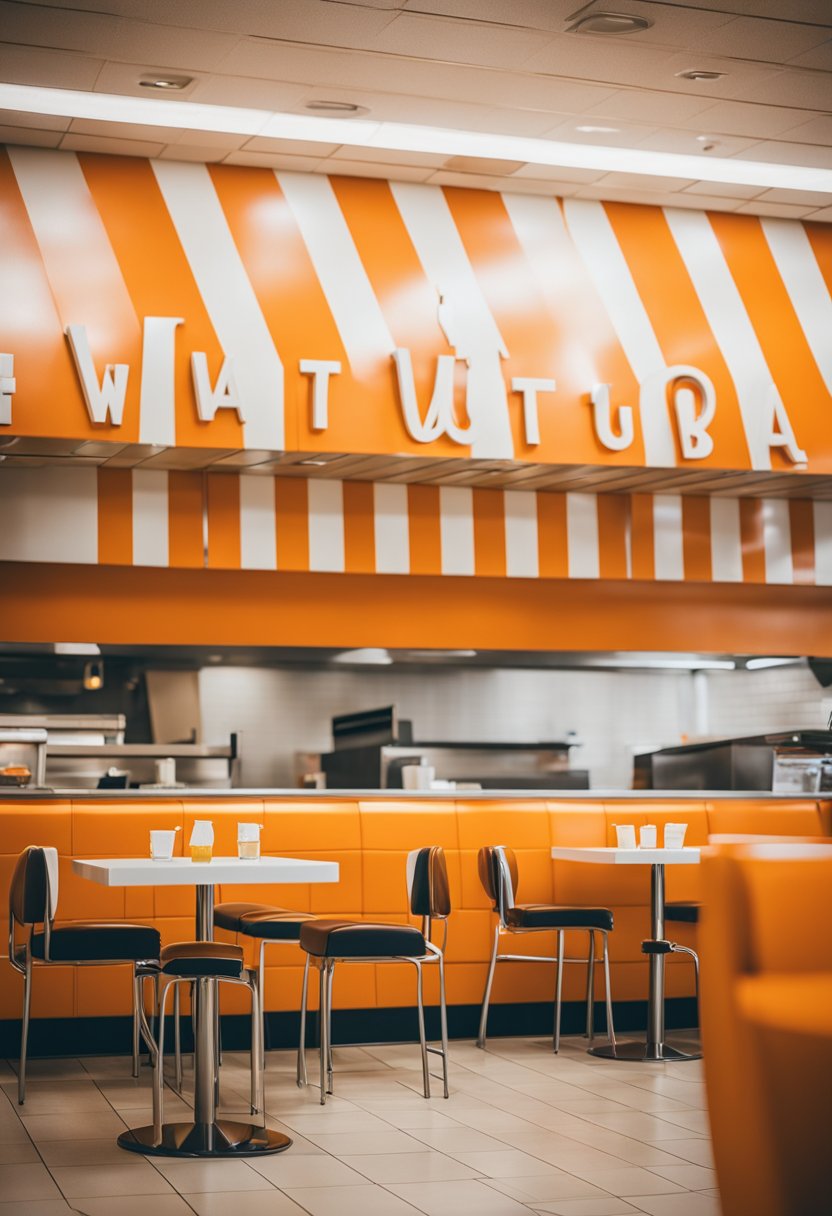 A bustling Whataburger restaurant in Waco, filled with students enjoying budget-friendly meals. The iconic orange and white decor adds a vibrant touch to the scene