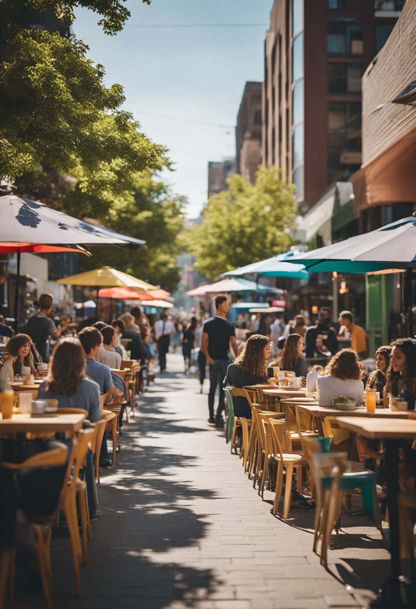 A bustling street lined with colorful, casual eateries and food trucks. Students gather at outdoor tables, enjoying affordable meals and lively conversation
