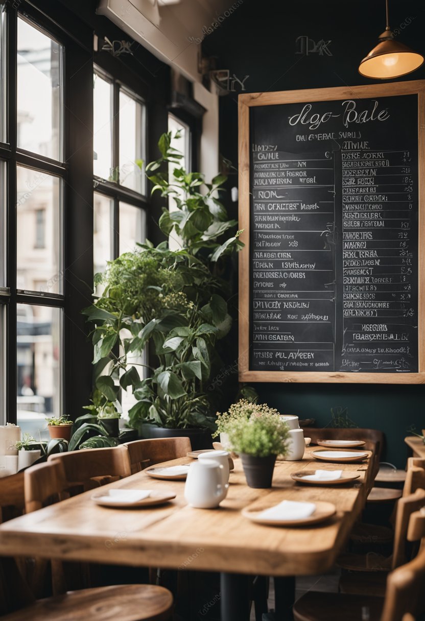 A cozy cafe with wooden tables and chairs, adorned with potted plants and flowers. A chalkboard menu displays budget-friendly options. Sunlight streams in through large windows