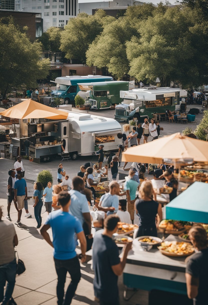People enjoying diverse street food from affordable food trucks in Waco, surrounded by budget-friendly eateries for students
