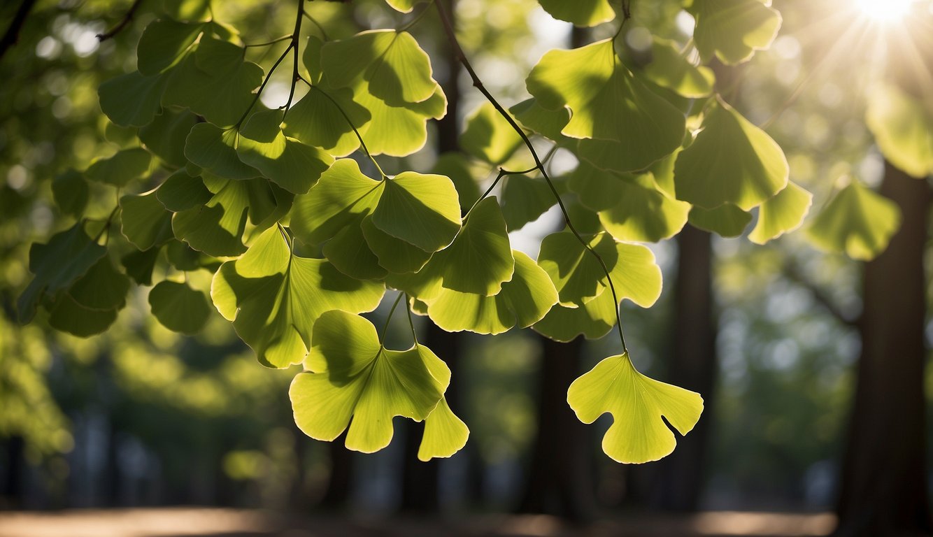 Sunlight filters through the leaves of a Ginko Biloba tree, casting dappled shadows on the ground. The tree stands tall and strong, its branches reaching towards the sky, while its distinctive fan-shaped leaves flutter gently in the breeze