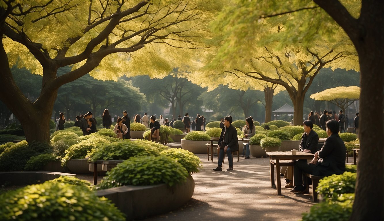 A serene garden with ancient ginkgo trees, surrounded by people using ginkgo leaves for healing remedies