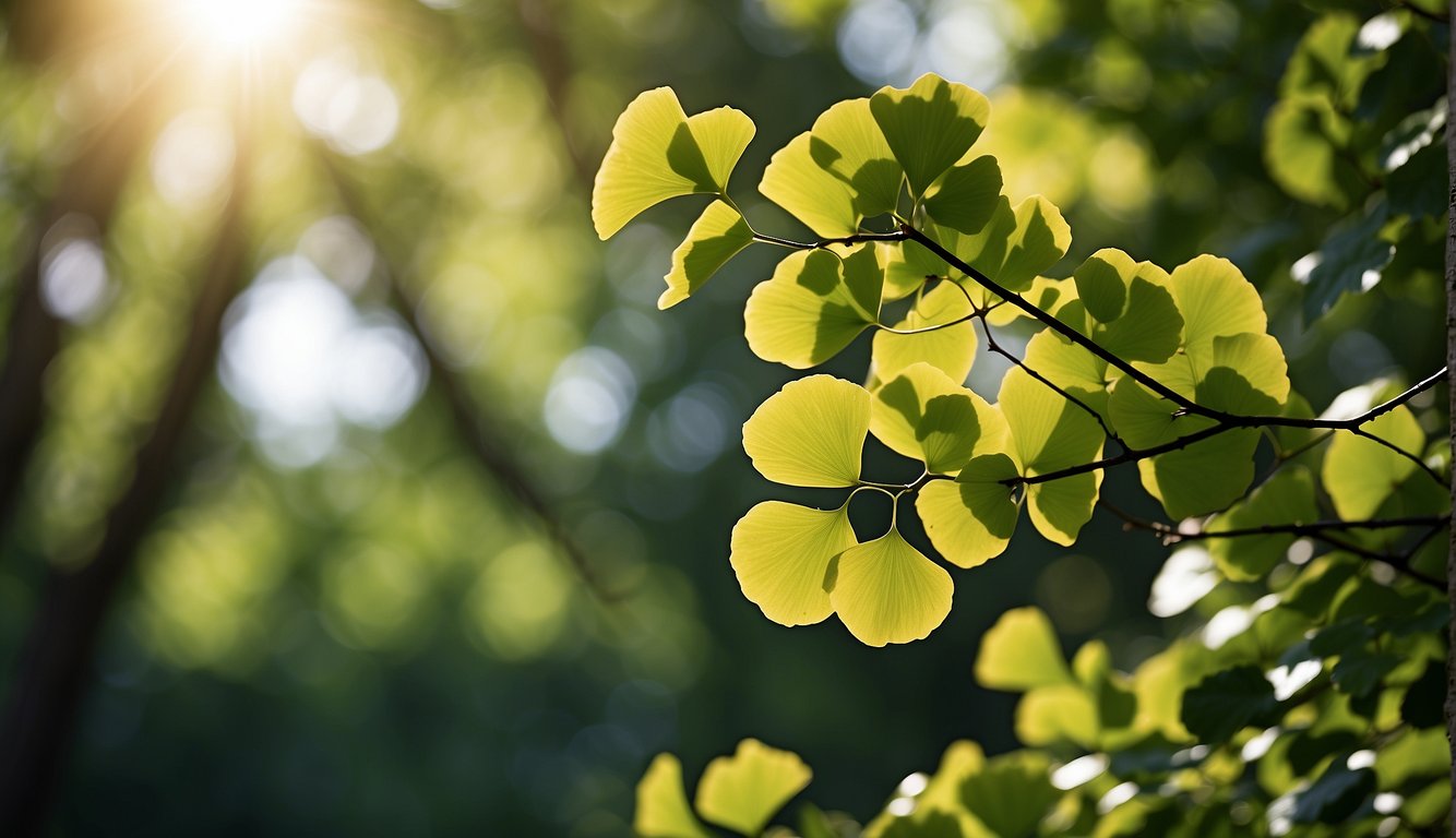 A serene forest setting with a ginko biloba tree in the center, surrounded by lush greenery and sunlight filtering through the leaves