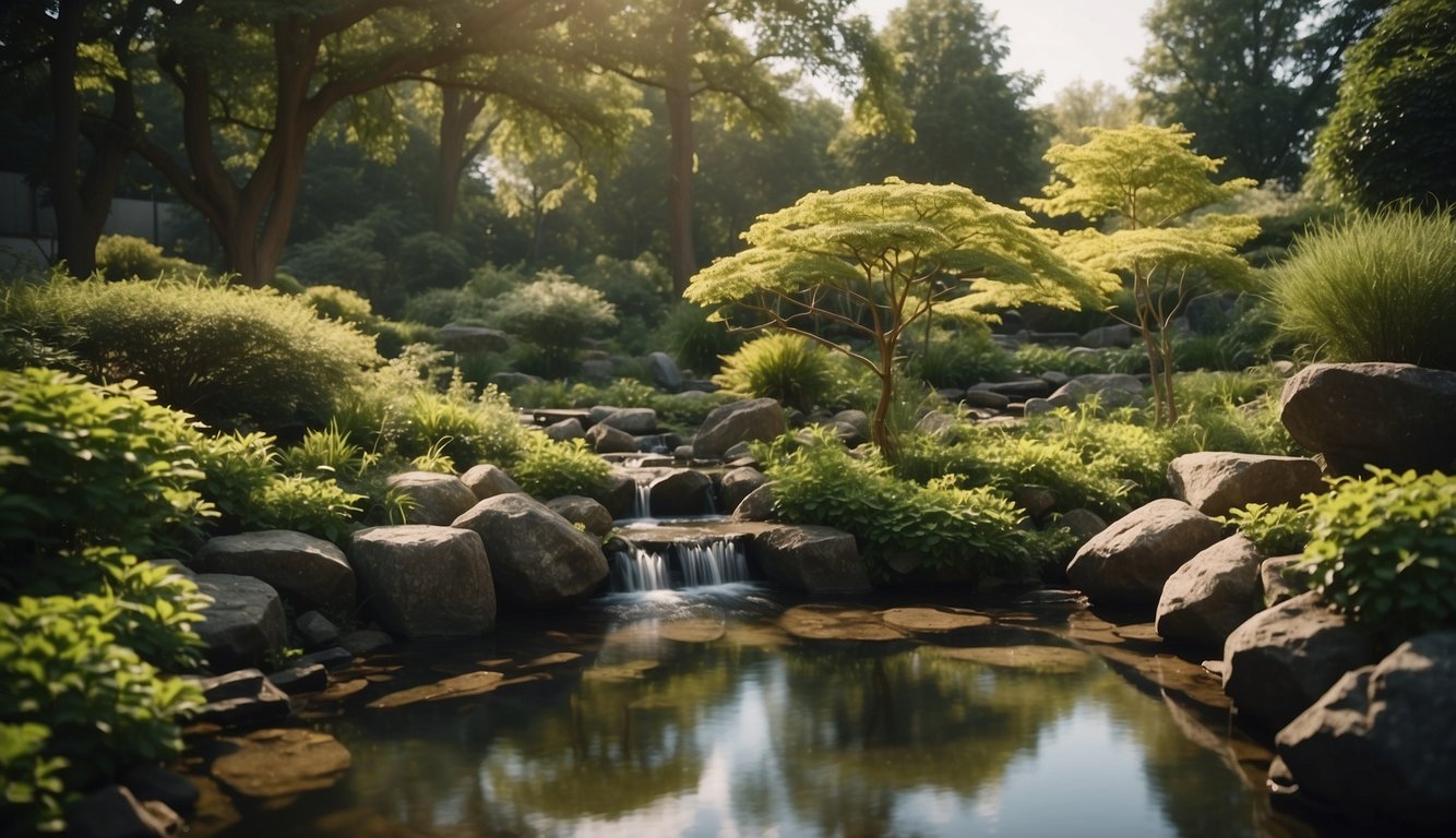 A serene garden with diverse plants, including ginko biloba, surrounded by gentle streams and soothing natural elements