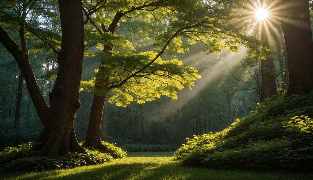A serene forest with a towering ginkgo biloba tree surrounded by lush greenery, with rays of sunlight breaking through the leaves, symbolizing the potential for healing and future directions in ginkgo biloba research