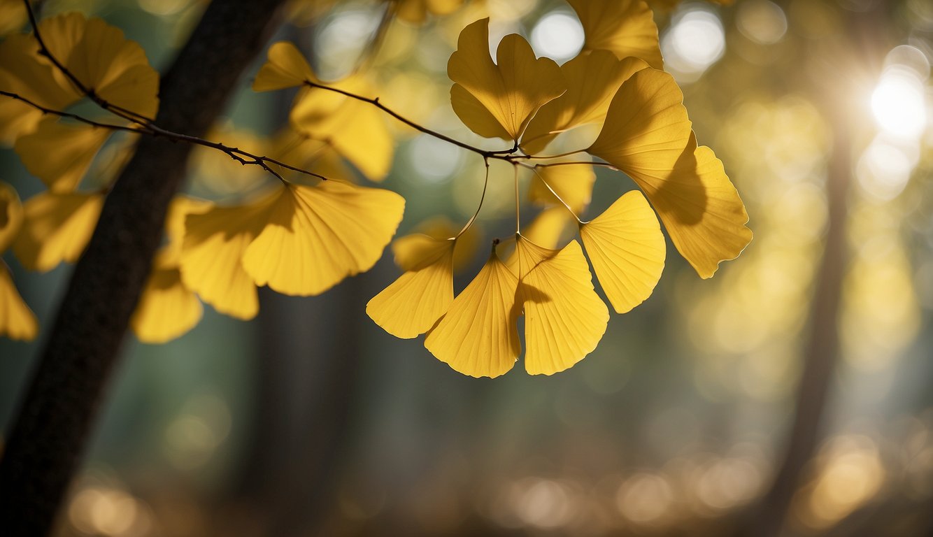 A serene forest with sunlight filtering through the canopy, showcasing a ginkgo biloba tree with its distinctive fan-shaped leaves and golden autumn colors