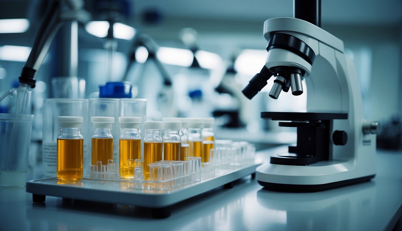 A laboratory setting with vials, syringes, and a microscope. A cell culture dish with cells showing increased growth and proliferation