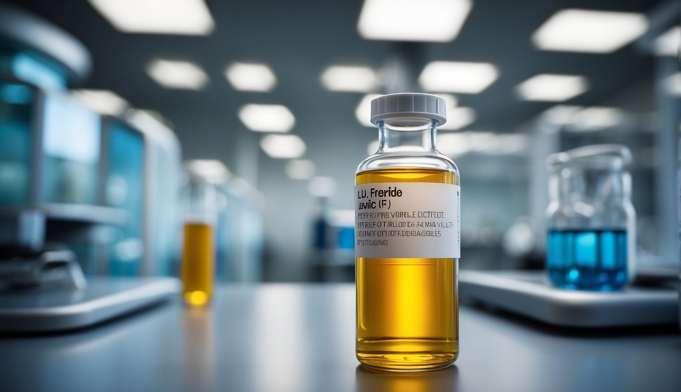 A vial of IGF-1 LR3 peptide with warning labels and caution signs in a laboratory setting