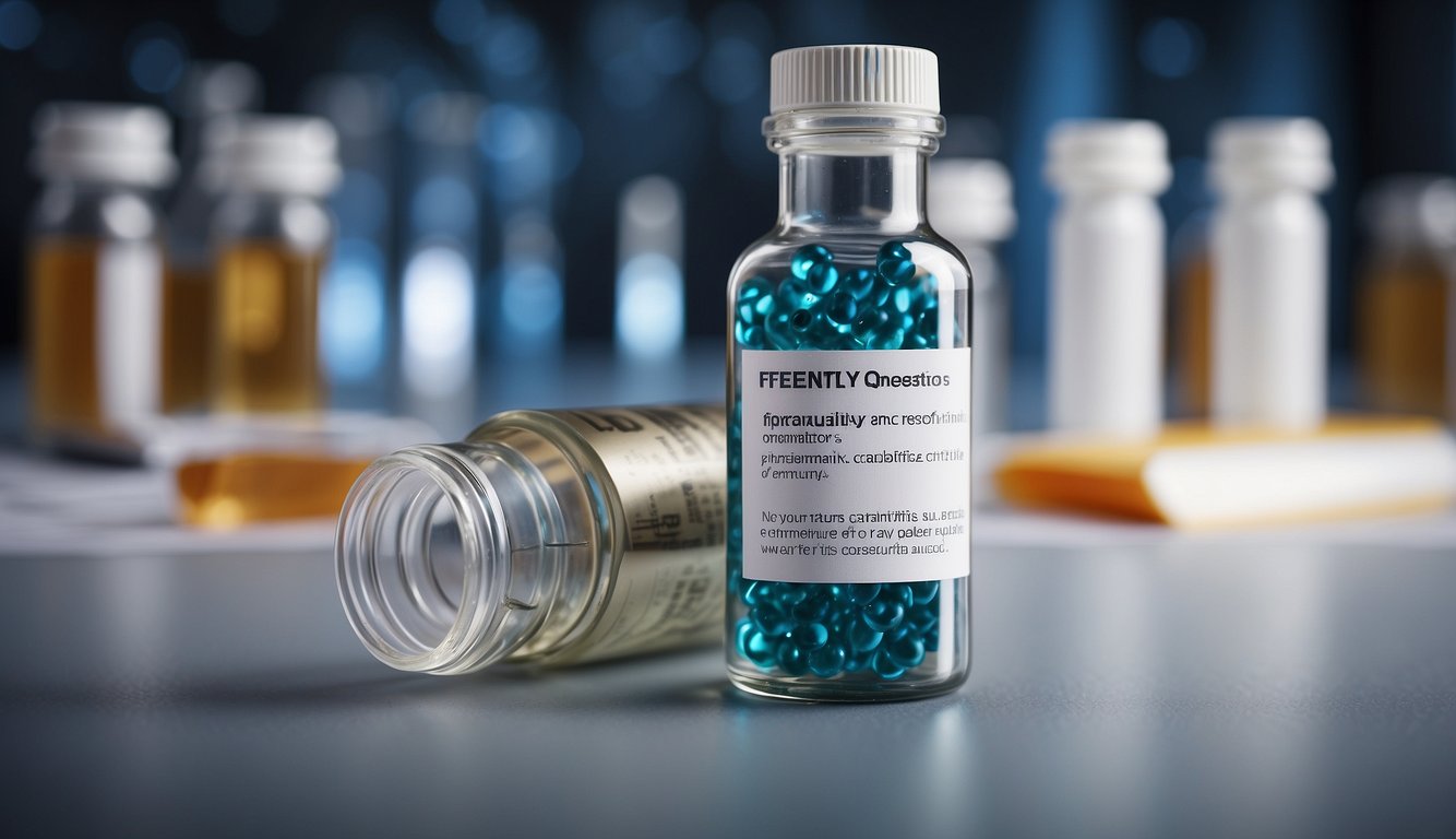 A vial of IGF-1 LR3 peptide with a label displaying "Frequently Asked Questions" surrounded by scientific equipment and research papers