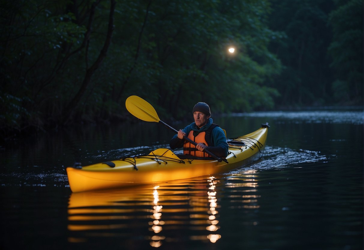 A kayak is shown with lights being installed and then used for nighttime paddling