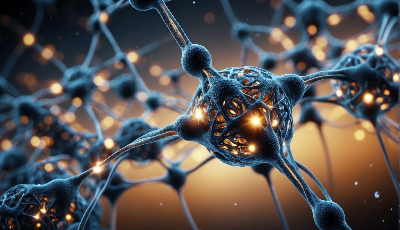 A network of interconnected pathways with kisspeptin peptide at the center, sending signals and triggering various biological responses