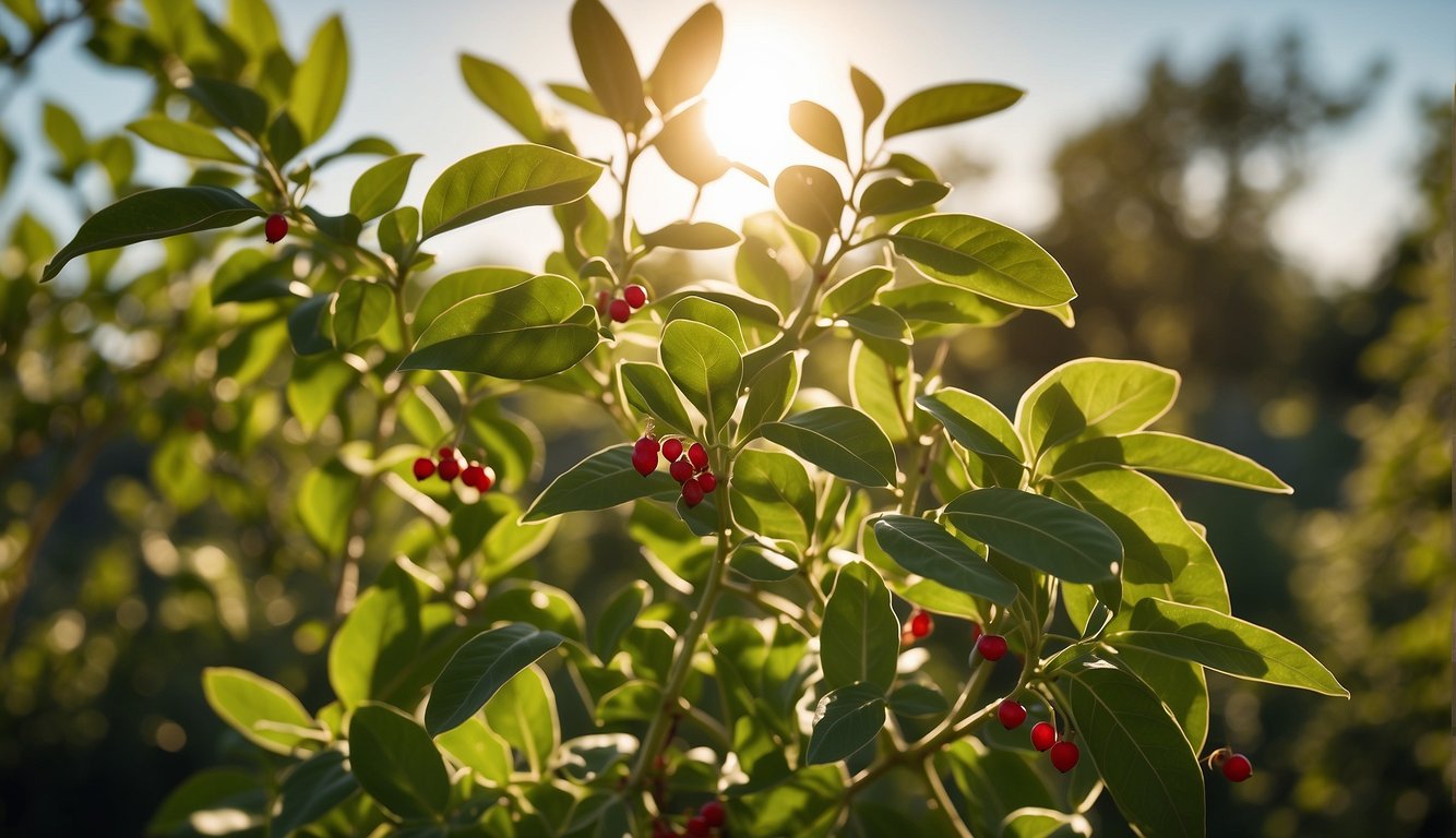 A vibrant green ashwagandha plant grows tall, with small clusters of red berries and oval leaves. The plant is surrounded by a peaceful garden, with the sun shining down and birds chirping in the background
