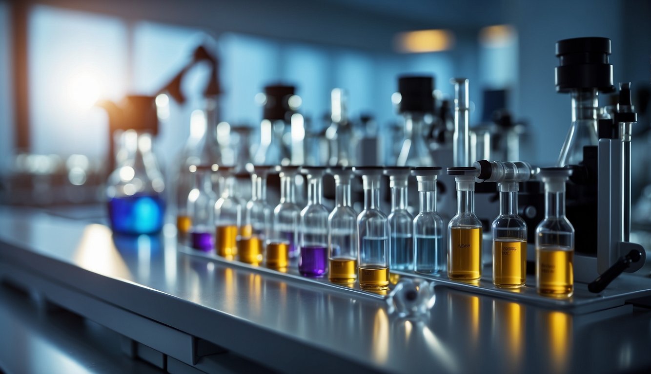 A laboratory setting with equipment and vials of kisspeptin peptide, researchers analyzing data, and scientific papers on the subject