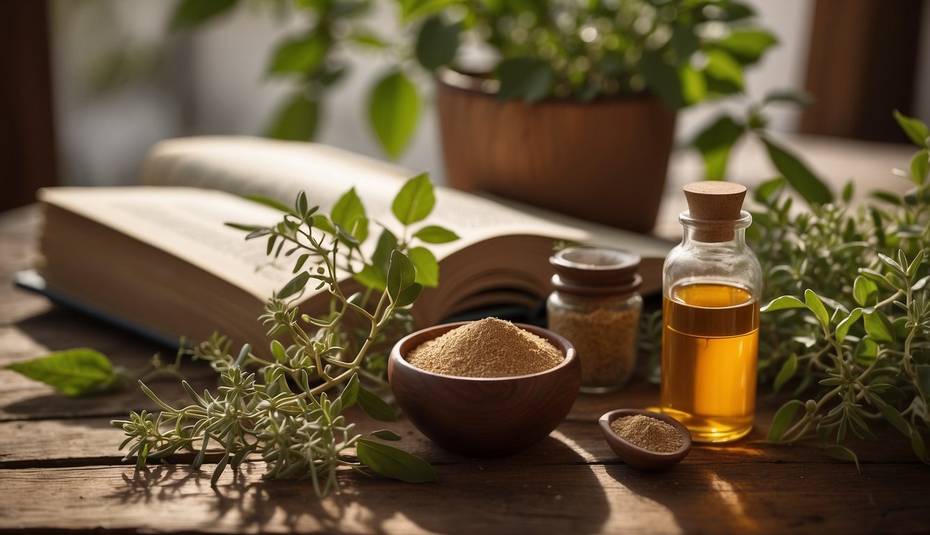 A bottle of ashwagandha sits on a wooden table, surrounded by various herbs and plants. A book on adaptogens is open, with highlighted sections