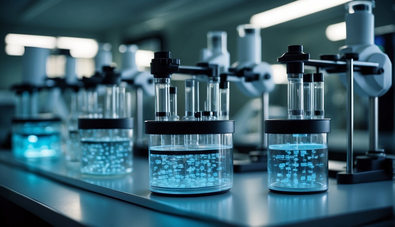 A laboratory setting with test tubes, microscopes, and scientific equipment. A researcher is studying the interaction between kisspeptin peptide and cancer cells
