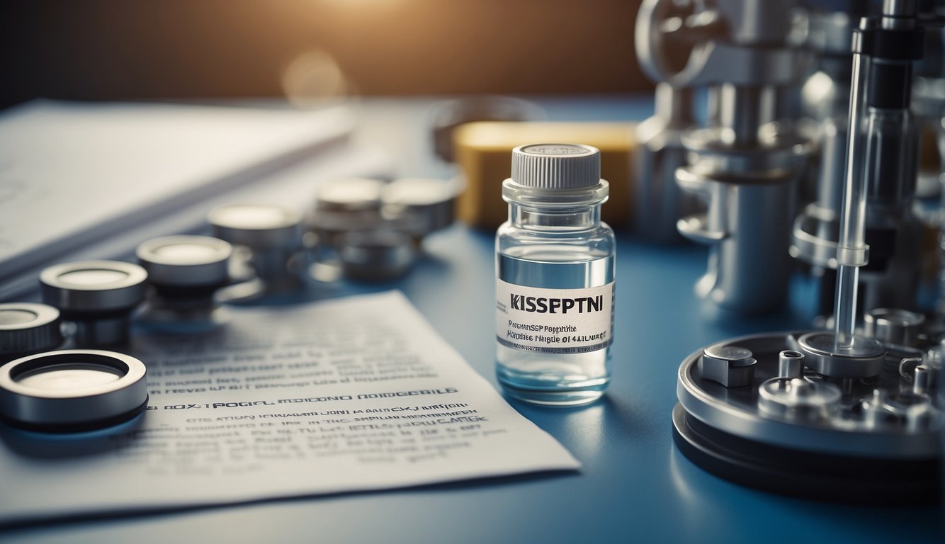 A vial of Kisspeptin Peptide surrounded by scientific equipment and research papers