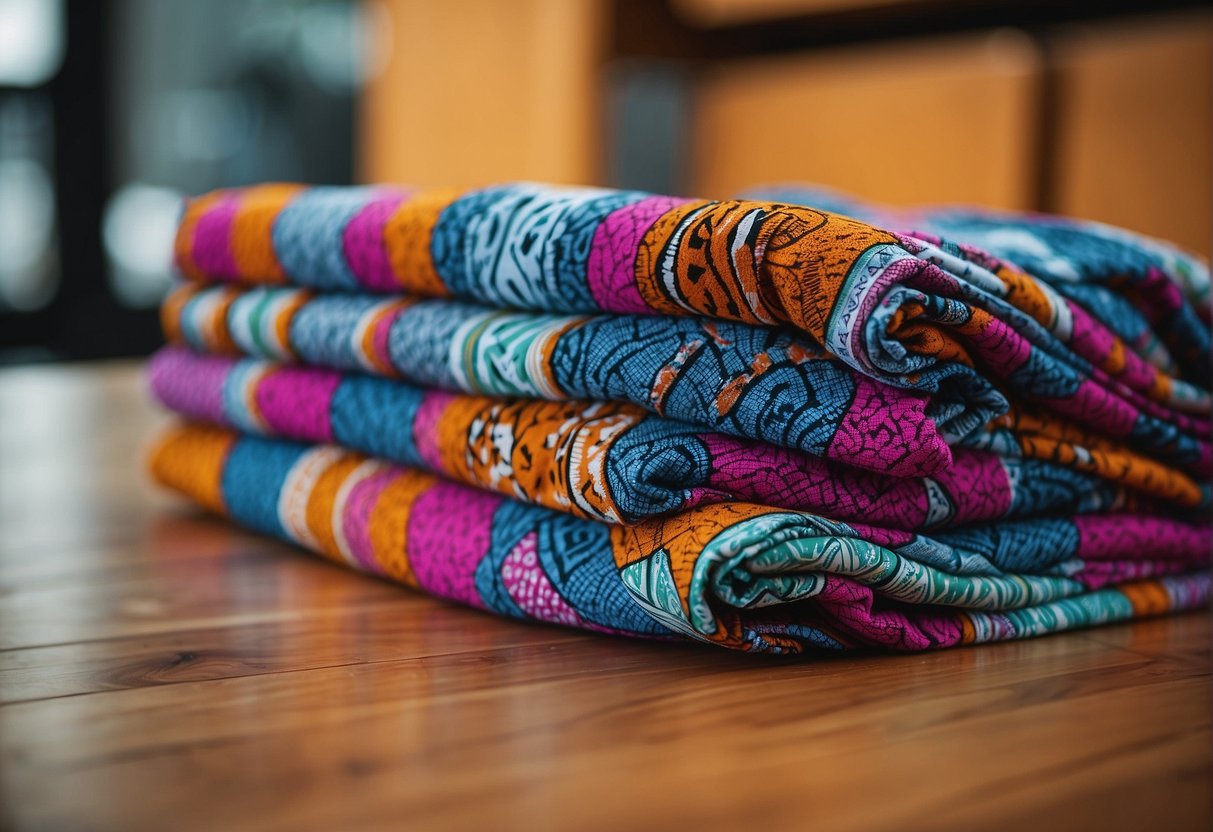 A pair of colorful leggings laid out on a wooden floor, with a vibrant pattern and stretchy material