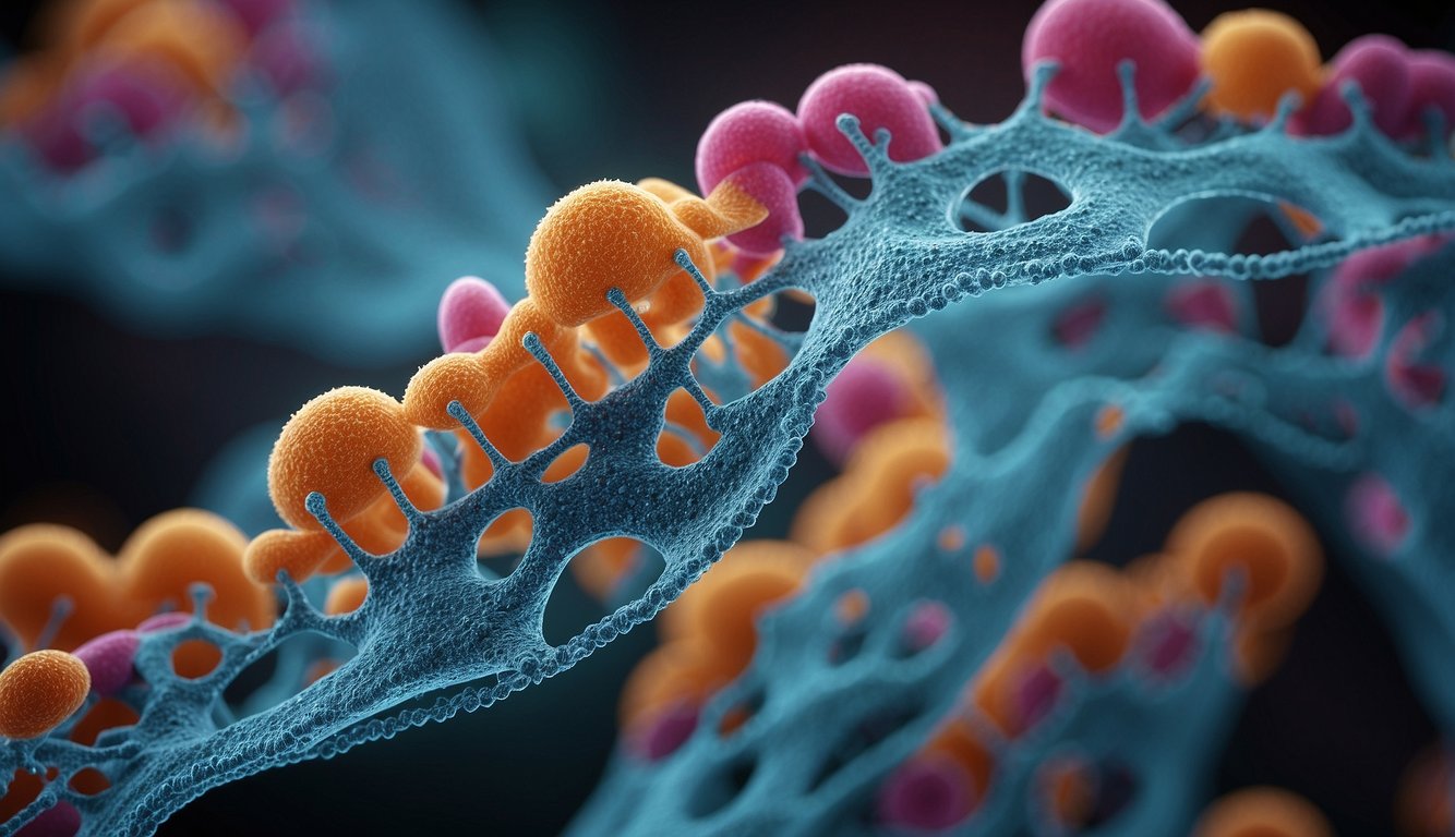 LL-37 Peptide: A microscopic view of peptide chains interacting with bacterial cell membranes, causing disruption and neutralization