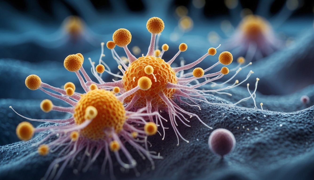 LL-37 peptide attacking cancer cells under a microscope