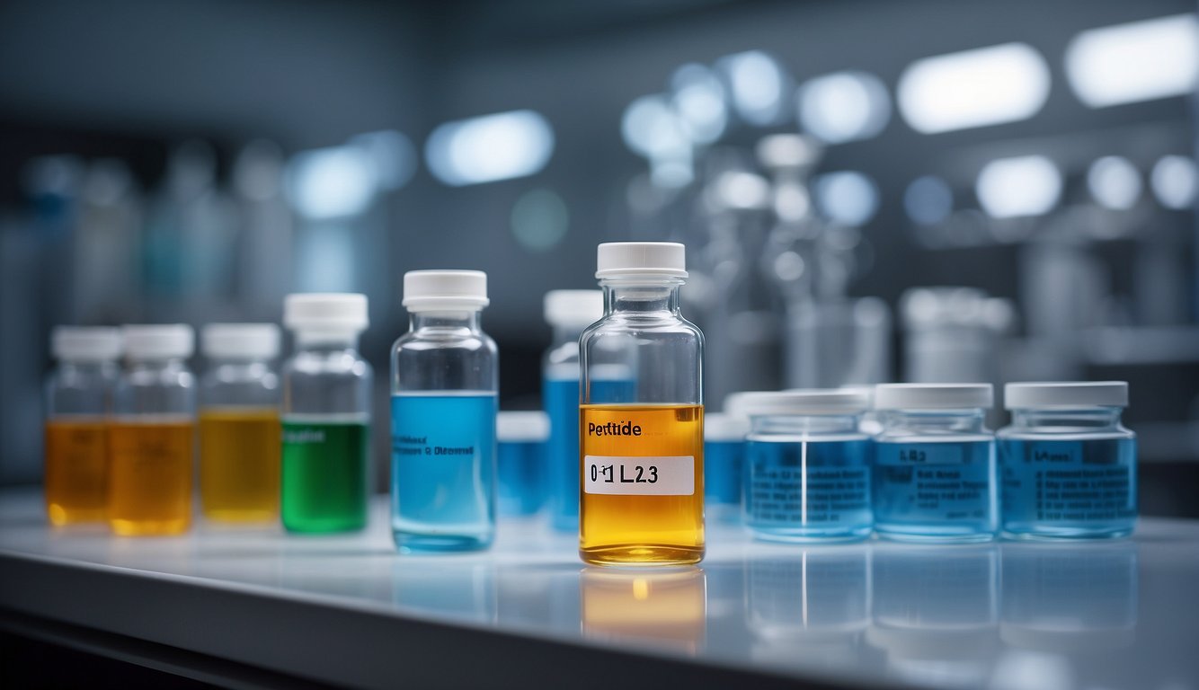 A vial of peptide derivatives, labeled LL-37, with clinical applications, sits on a laboratory bench amidst various scientific equipment and glassware