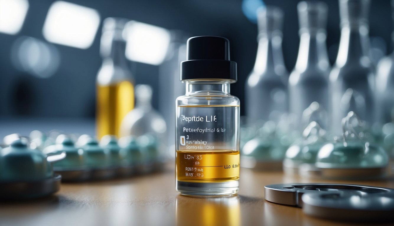 A vial of LL-37 peptide surrounded by scientific equipment in a laboratory setting