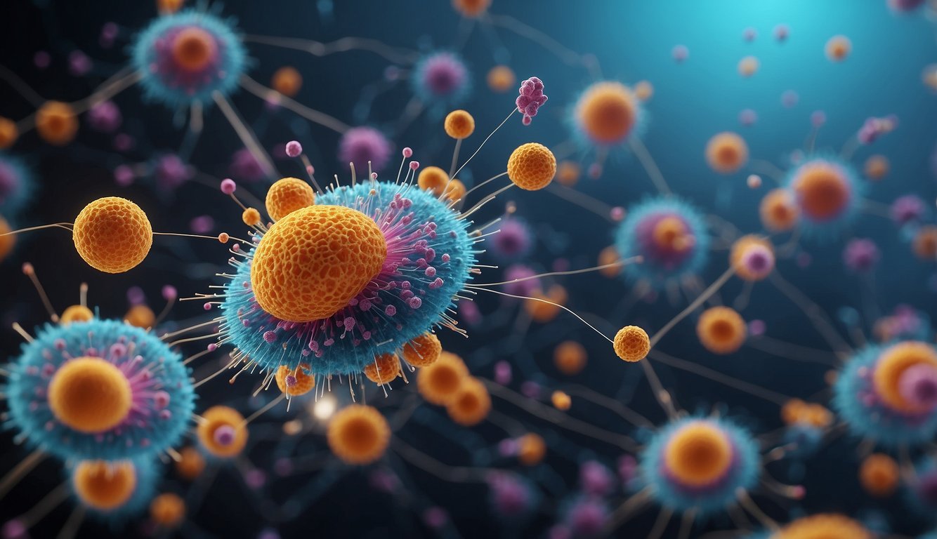 Colorful cytokines swirling around a network of immune cells, activating and coordinating the body's defense mechanisms