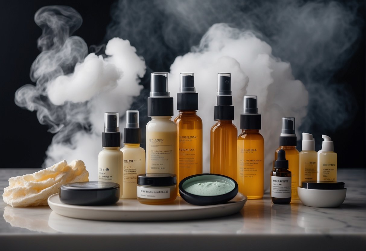 A table with skincare products, a cloud of toxic fumes, and a warning sign