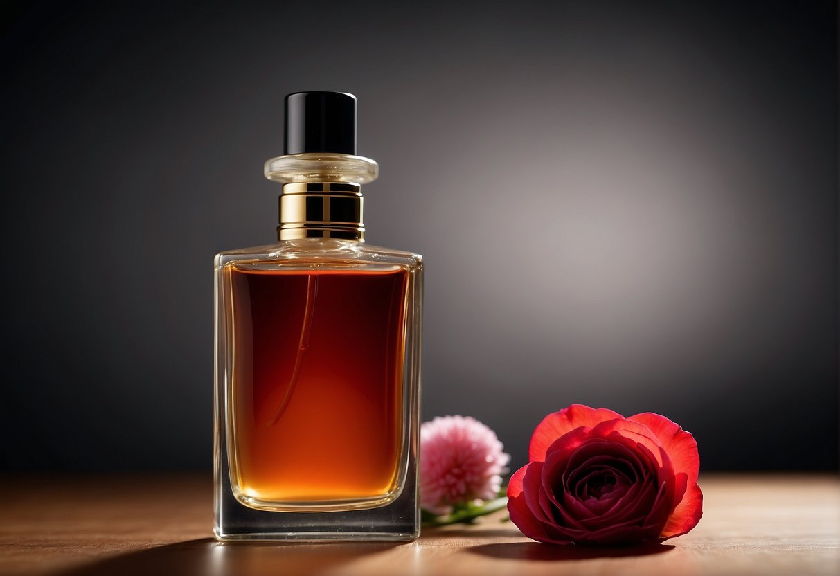 A bottle of fragrance sits next to irritated skin, red and inflamed