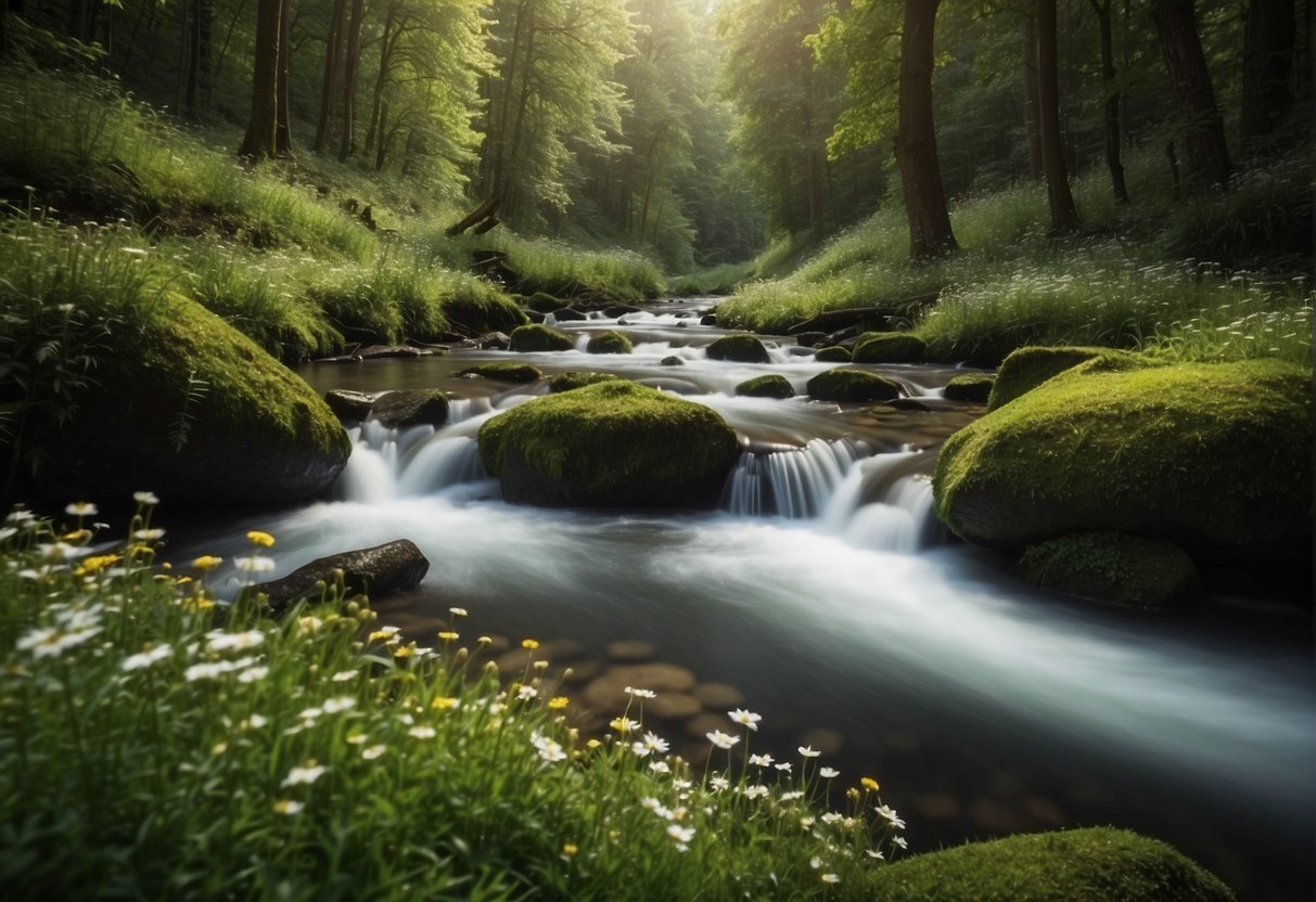 A lush green forest with a clear stream, surrounded by wildflowers and trees. On one side, natural ingredients like flowers and herbs, and on the other, chemical bottles and synthetic compounds