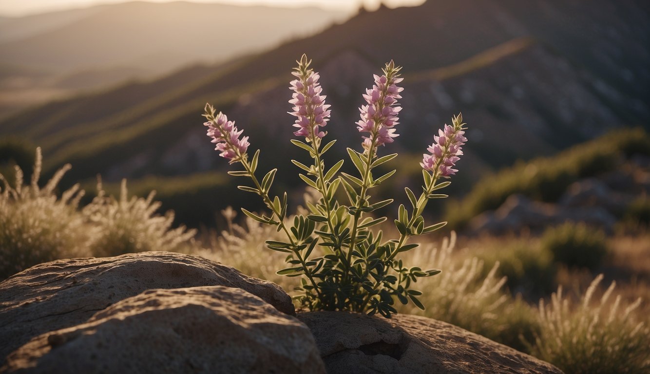 Astragalus plant stands tall in a lush, ancient landscape, symbolizing its historical and cultural significance